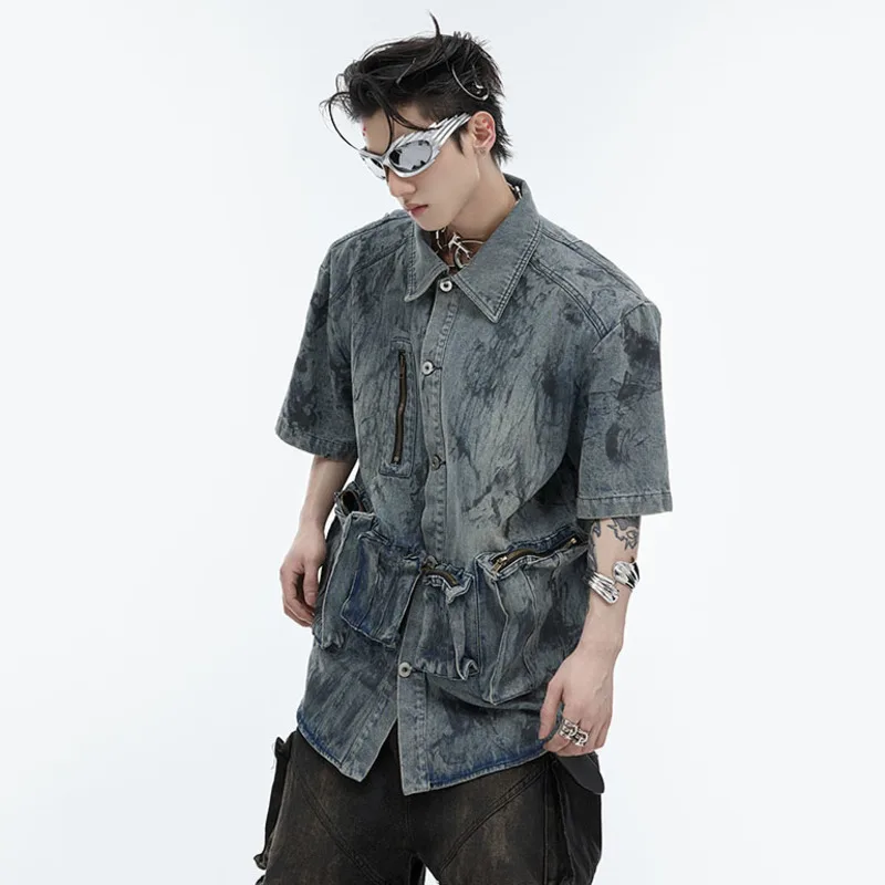 IEFB Short Sleeved Denim Jacket Brushed Worn-out Design Shirt Tops Summer Turn-down Collar Vintage Pockets Male Clothing 24E1010