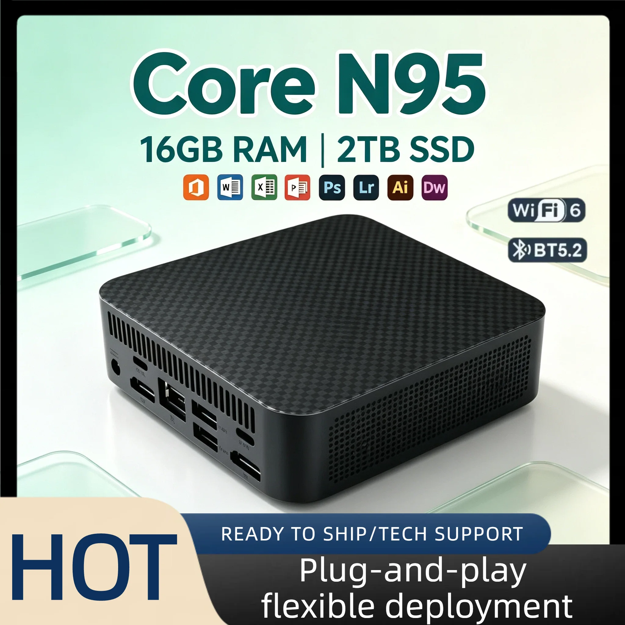 Intel N95 Mini PC 4C4T 3.4GHz 15W 6MB 16GB DDR4 M.2 NVMe SSD Triple 4K Screen WiFi6 Silent Cooling Office Desktop Host