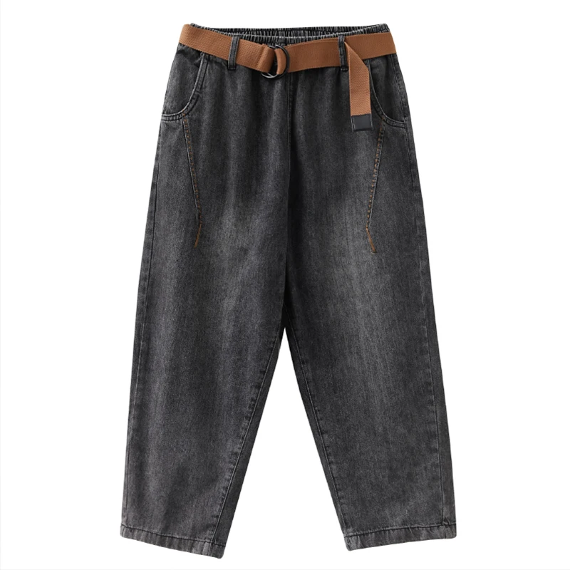 กางเกงฮาเร็มเอวยางยืดสำหรับผู้หญิง สไตล์ลำลอง ทรงหลวม ดีไซน์ศิลปะ ไซส์ใหญ่ สำหรับสาวอวบ กางเกงยีนส์ขายาวทรงสลิม ใส่ได้หลายโอกาส สไตล์ Dad Jeans