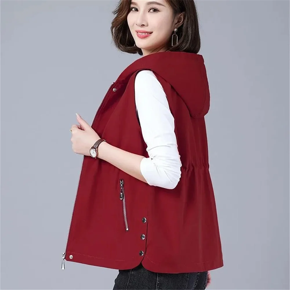 Women\'s Vest 2023 Spring Sleeveless Jacket Mother Clothes Solid Color Hooded Zipper Waistcoat Female Outerwear Casual Tops 4XL