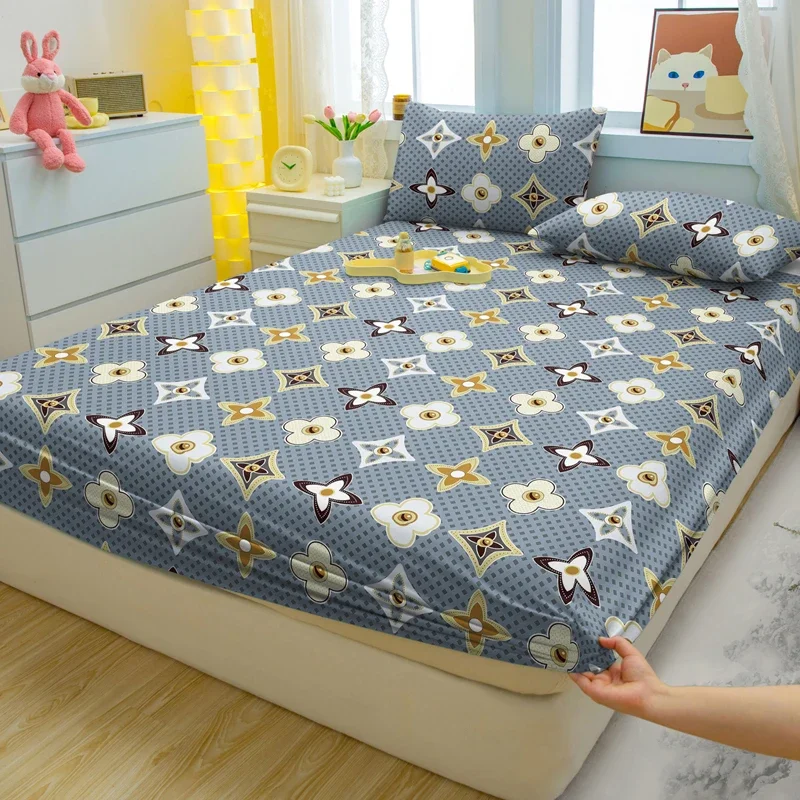 1 Simple Modern Geometry Printed Matte Fitted Sheet, Bedroom Printed Bed Cover, Bedding (Excluding Pillowcases)