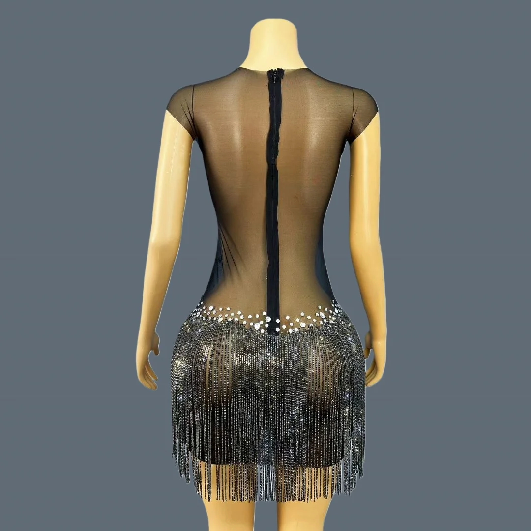 

Sexy Girl See Through Black Mesh Mini Dress Silver Rhinestone Sparkly Tassel Cocktail Dress Celebrate Party Outfit Anyemeiying