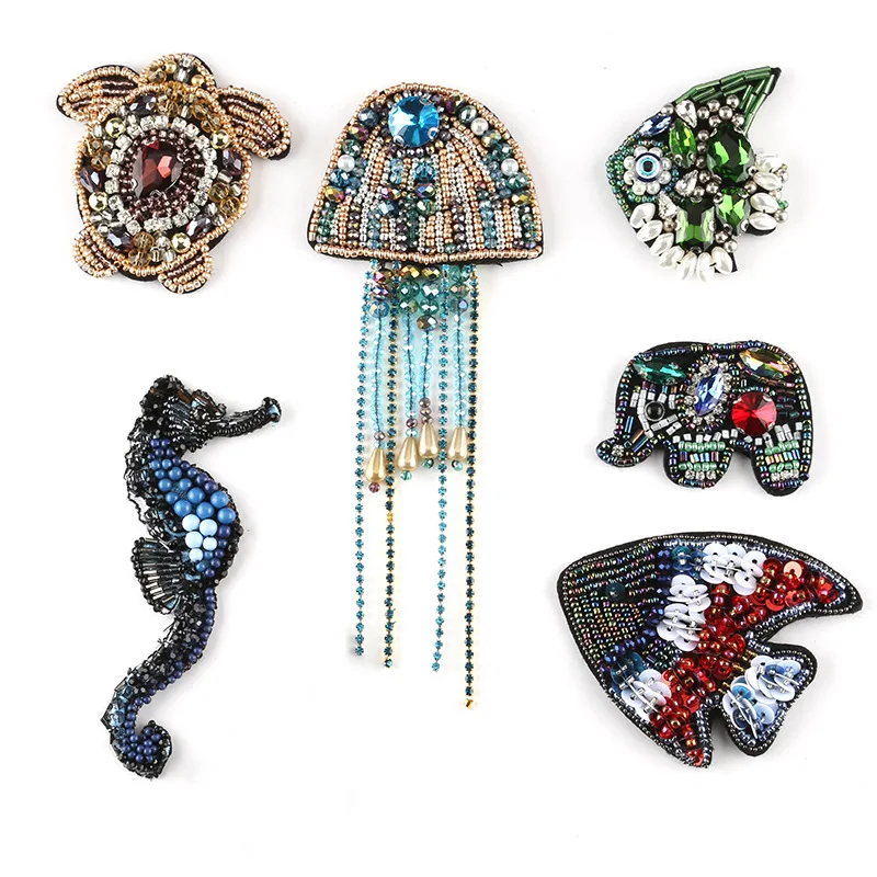 Underwater World Sew-on Sea Turtle Patches Badges Crystal Beads Appliques Wholesale Jellyfish Patches T-shirt Diy Bags Decor