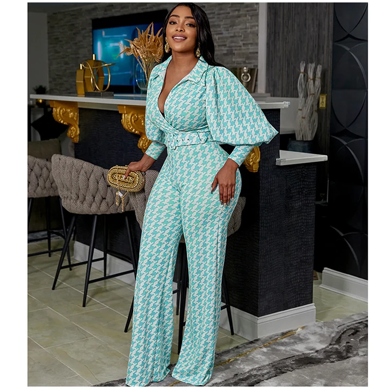 2023 Autumn New Two Pieces Set Women Print Lantern Sleeve Shirt Wide Leg Trouser Suits Elegant Slim Top Pants Set Casual Outfits