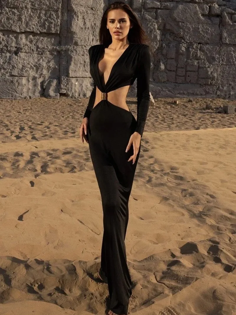 

FDYOUI Elegant V-neck Full Sleeve Cut Out Long Maxi Dresses Women Elegant Gown High Waist Hollow Out Bodycon Party Evening Dress