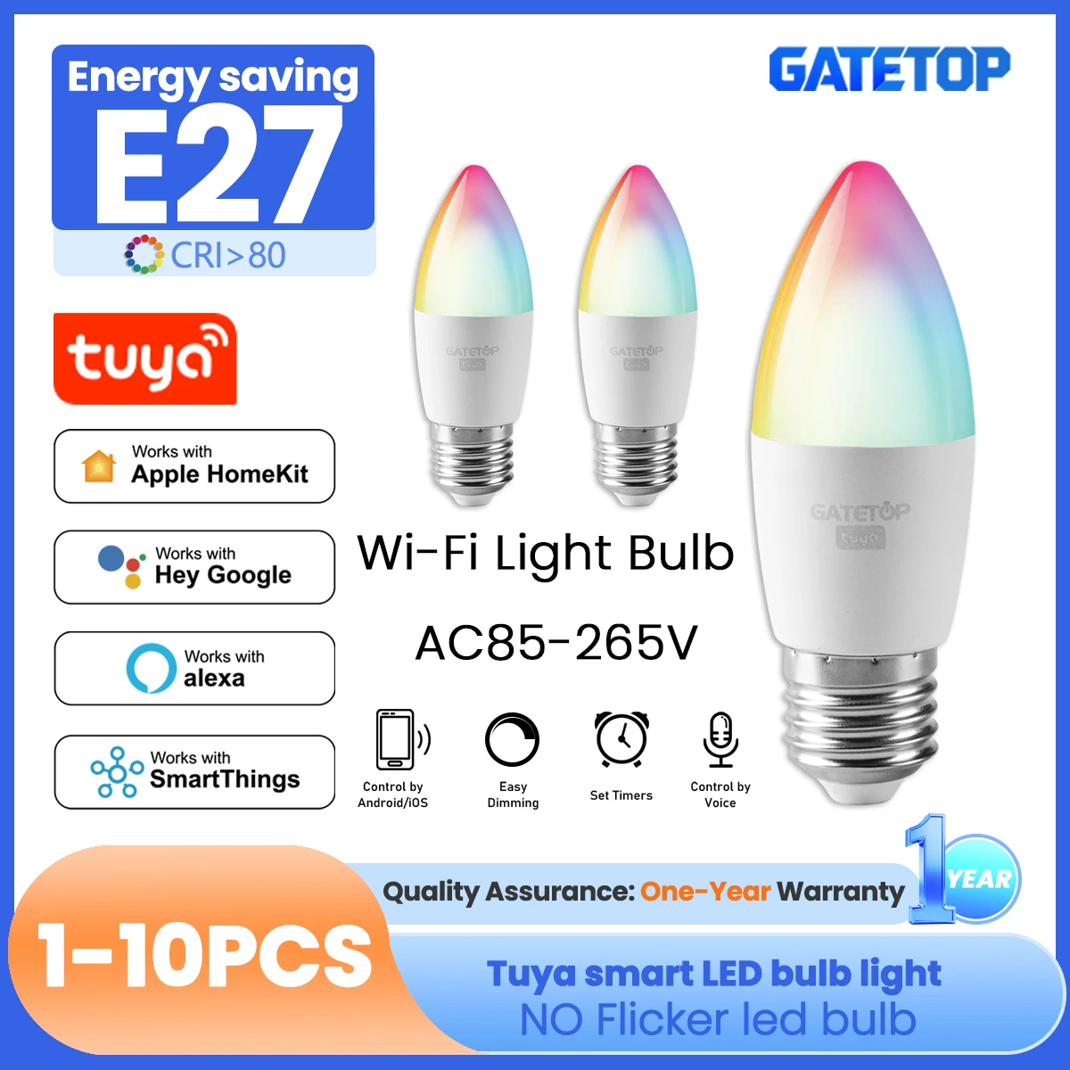 1-10PCS E27 Tuya Smart Bulb WiFi Bluetooth RGB WW AC85-265V 6W LED C37 Light Bulbs App Voice Control Support Alexa Google Home