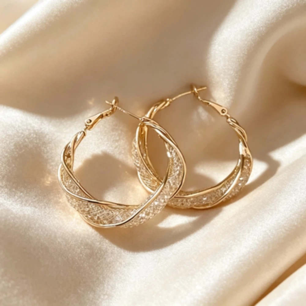 Elegant Shiny Mesh Rhinestone Hoop Earrings, Vintage Gold Hollow Mobius Twisted Round Earrings Women Jewelry