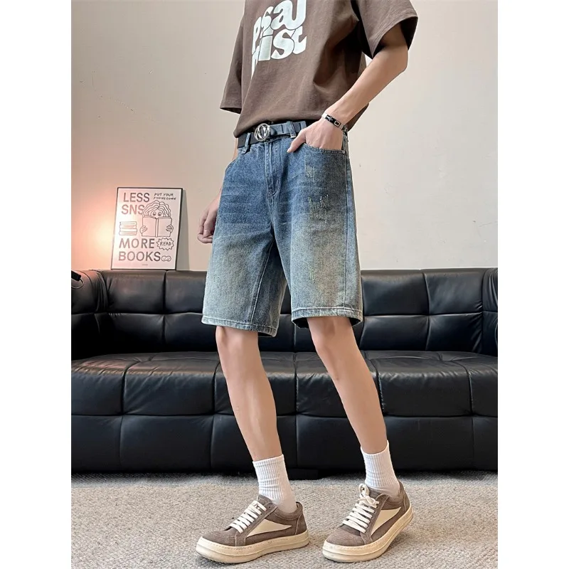 Men Ice Silk Denim Shorts Loose Straight Thin Retro Casual Five Points Pants Plus Size Summer