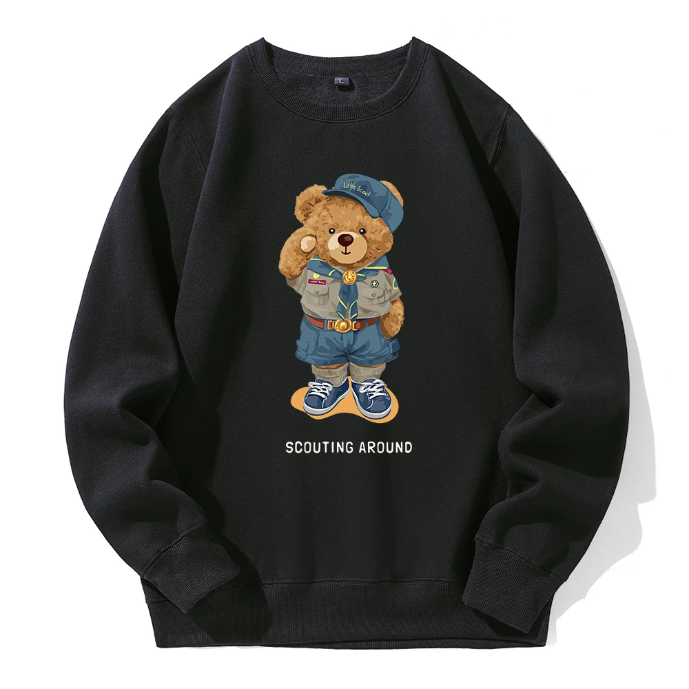 Cute Teddy Bear Salute Scoring Around Men Hoodies Crew Neck Basic Warm Hoody Loose Oversized Fleece Hoodie O-Neck Casual Clothes