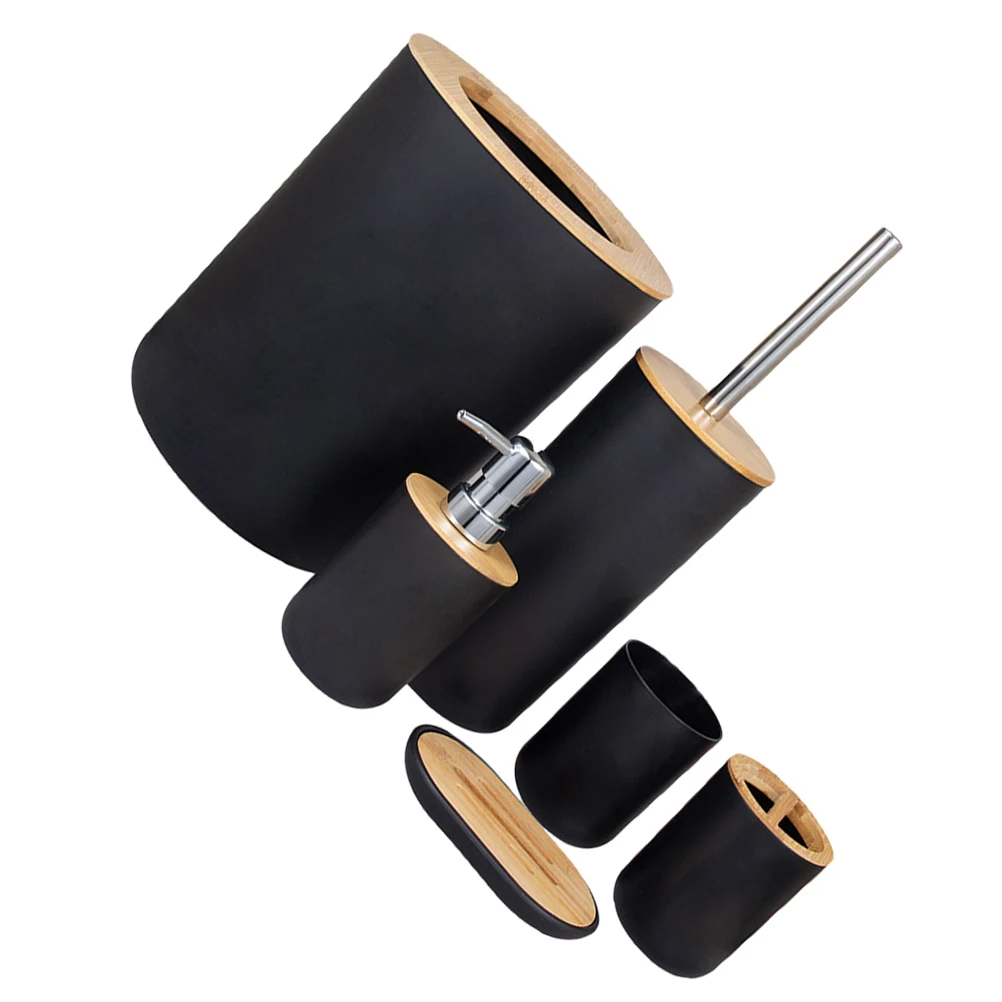

Bathroom Accessories 6 Piece Set Plastic Bamboo Toothbrush Cup Lotion Bottle Soap Dish Trash Can Mouthwash Holder Storage