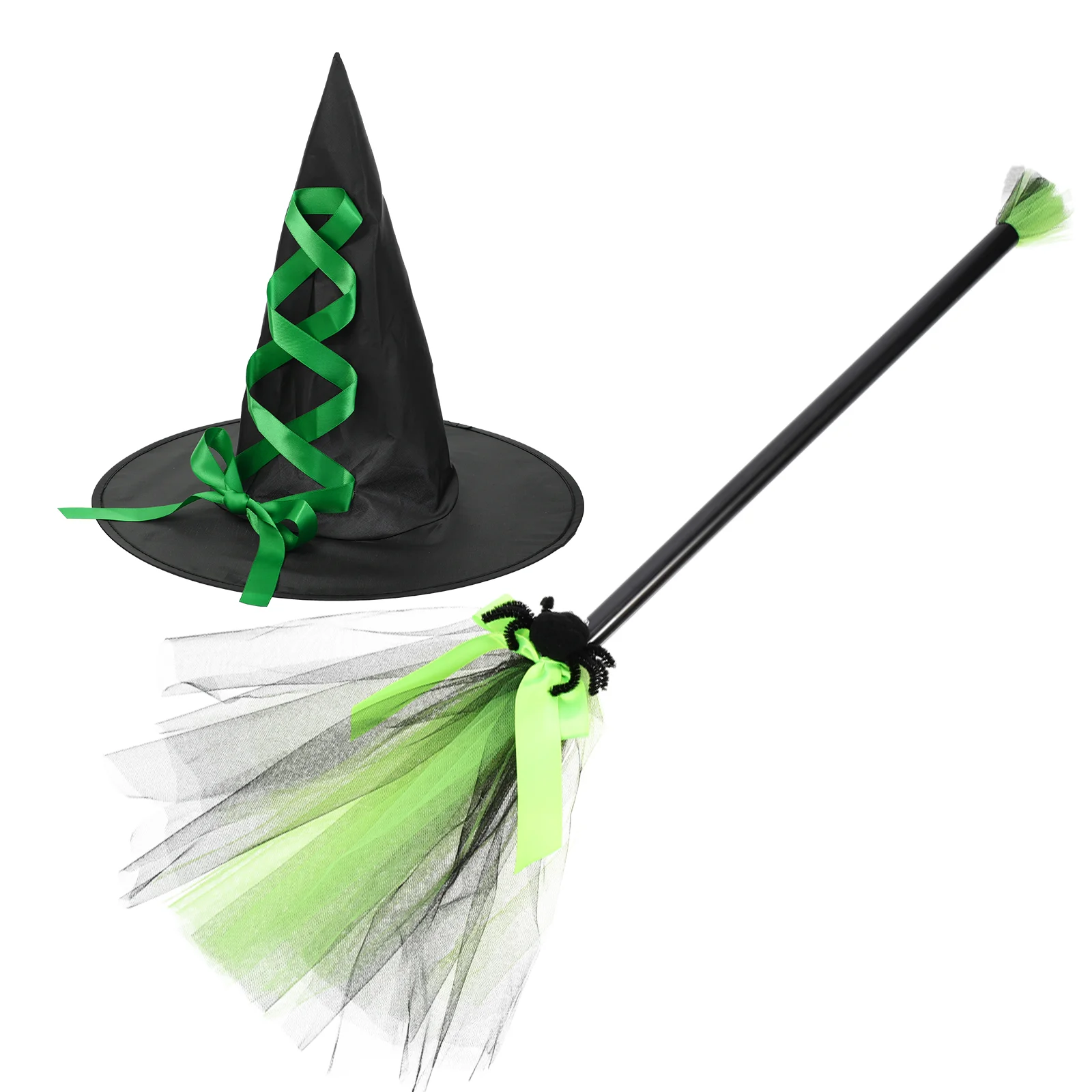 Witch Hat Set Halloween Outfits Cosplay Props Candy Home Decoration Broom Kit Mesh Brooms Wizard Caps