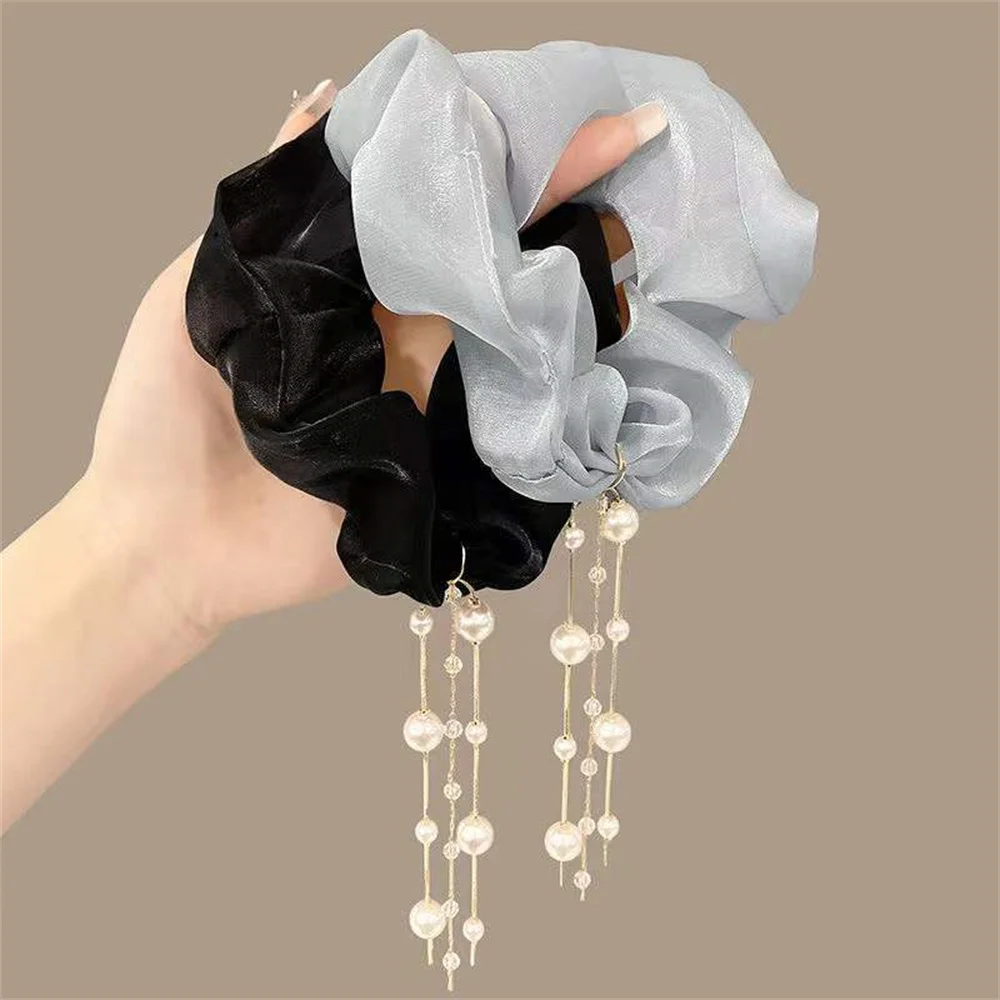 Women Pearls Rhinestone Hair Tie Scrunchie Tassel Chiffon Large Intestine Elastic Hair Bands Bowknot Ponytail Hair Accessories