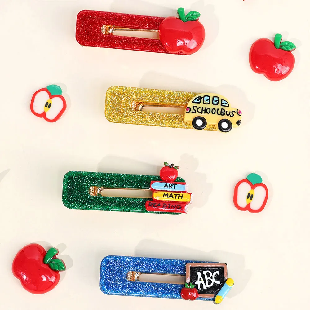 4PCS Shinng Back To School Hair Clip Cartoon School Bus Apple Hairpin Girls Sweet Side Barrettes Student School Hair Accessories