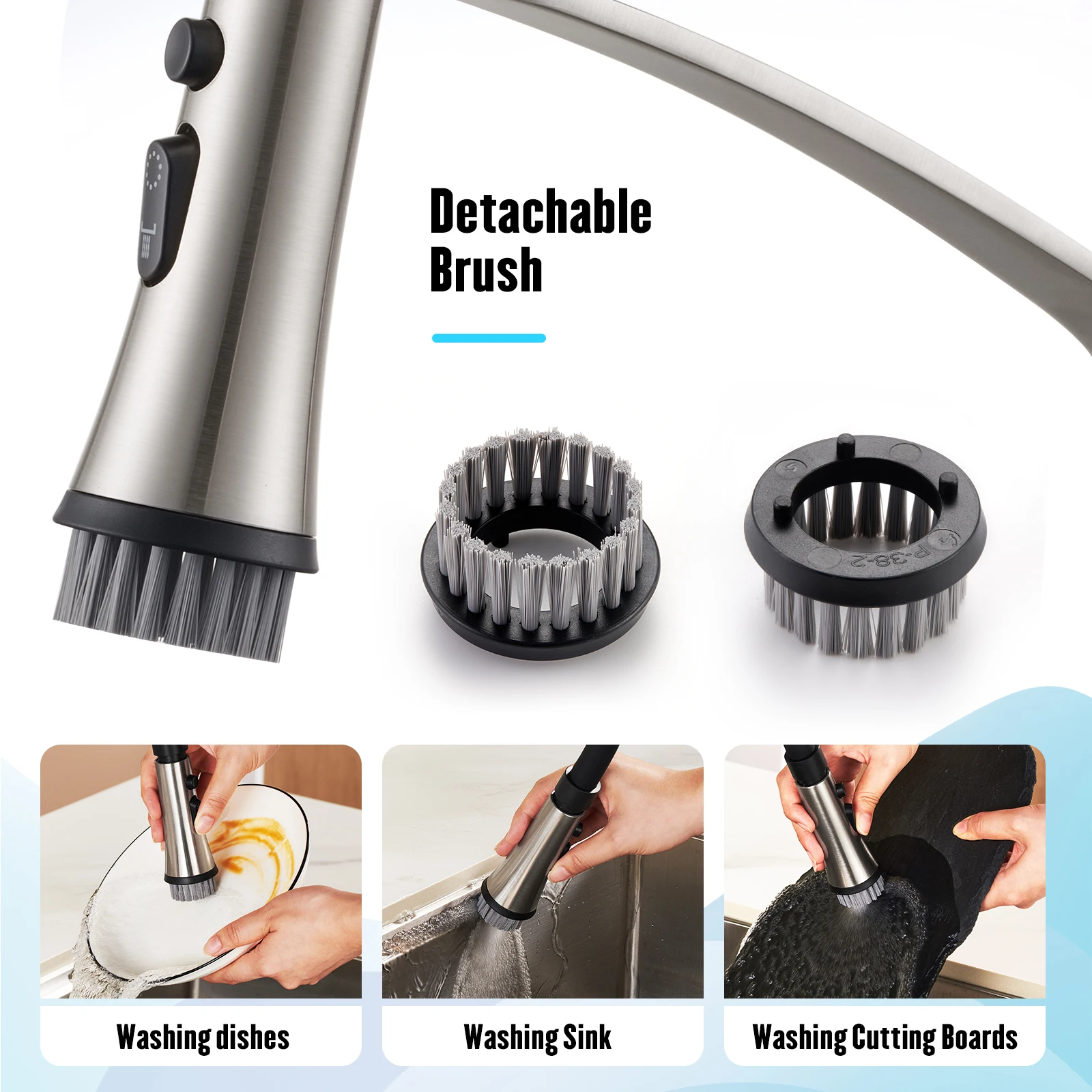 صنبور مطبخ متعدد الوظائف مصقول بالكروم الأسود بمقبض واحد، صنبور مطبخ قابل للسحب للأسفل مع فرشاة