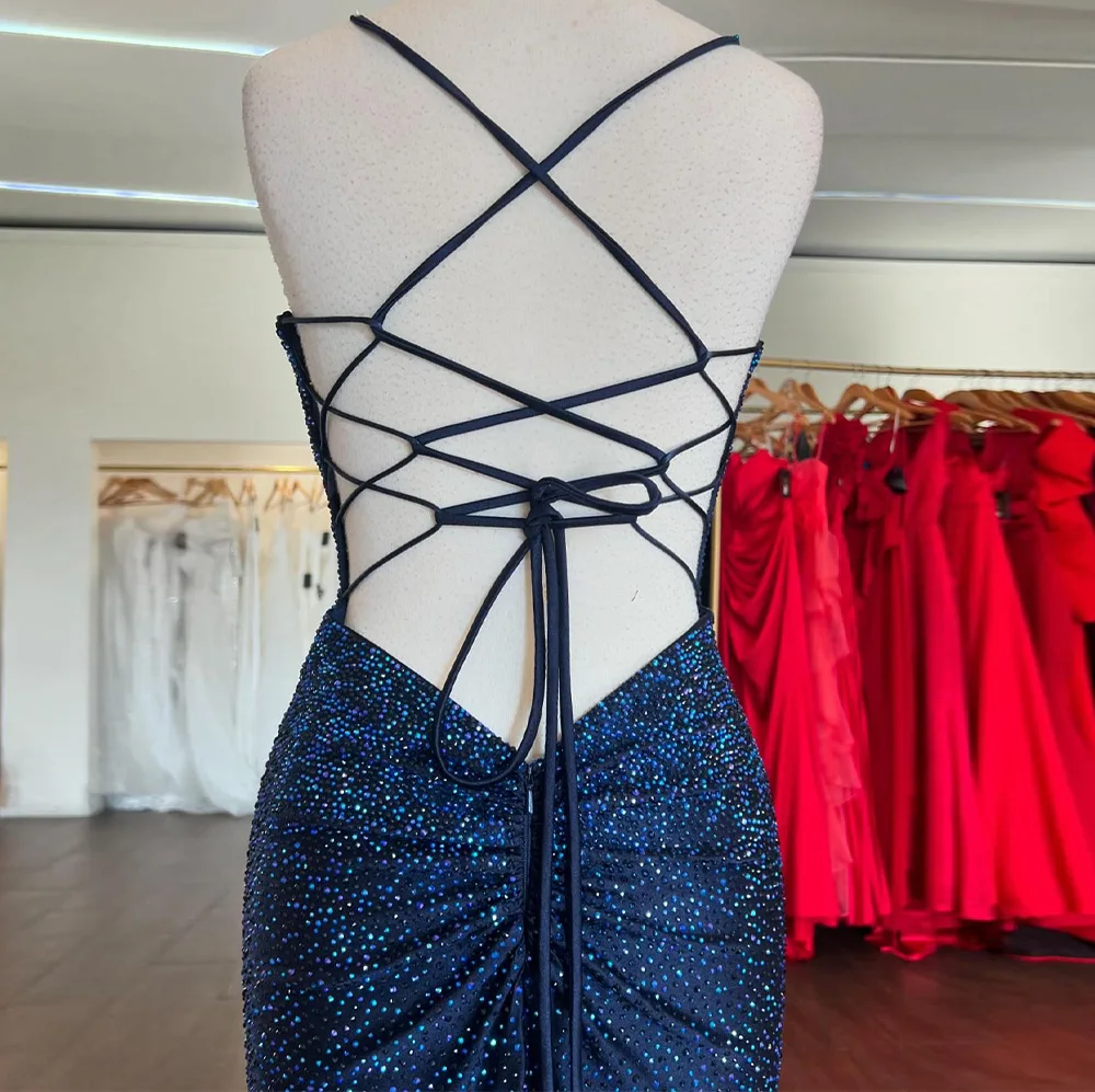 Sequin Sleeveless Spaghetti Straps V-Neck Floor Length Straight Evening Dress Panel Train Crystal Lace Up Back Temperament