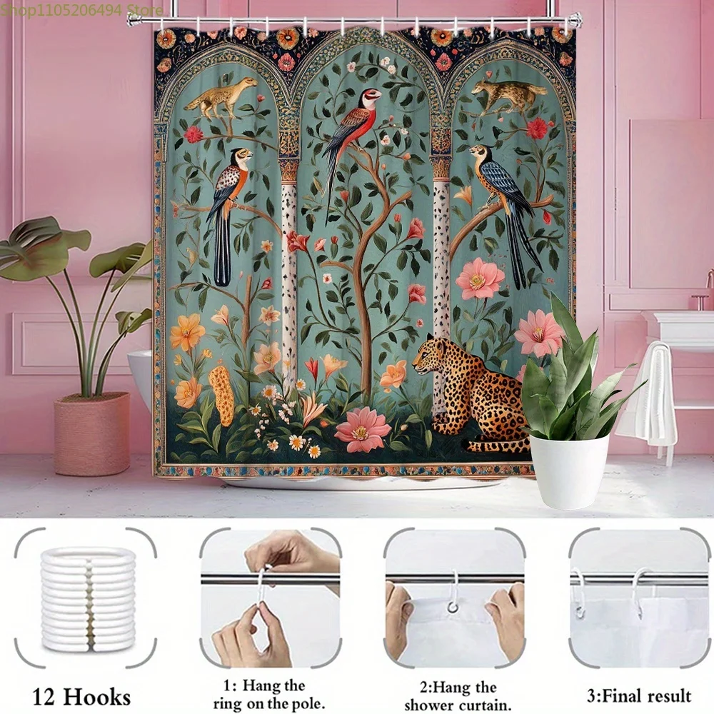 1pc Persian Miniature-Inspired Shower Curtain - Vibrant Birds, Leopard & Floral Design in Red, Blue, Yellow, Pink on Teal - Du