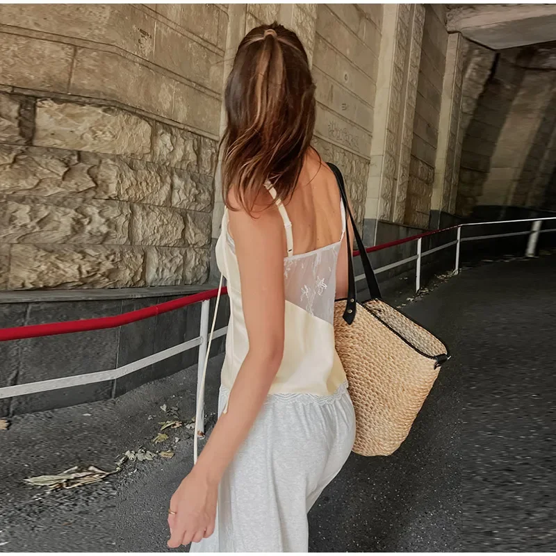 Spitzen-Patchwork-Rückenfreie Oberteile für Damen, sexy Spaghetti-Träger, ärmellos, mit Schnürung, plissiertes Cami-Top, charmante Damen-Partykleidung, Strandkleidung – Detail 6