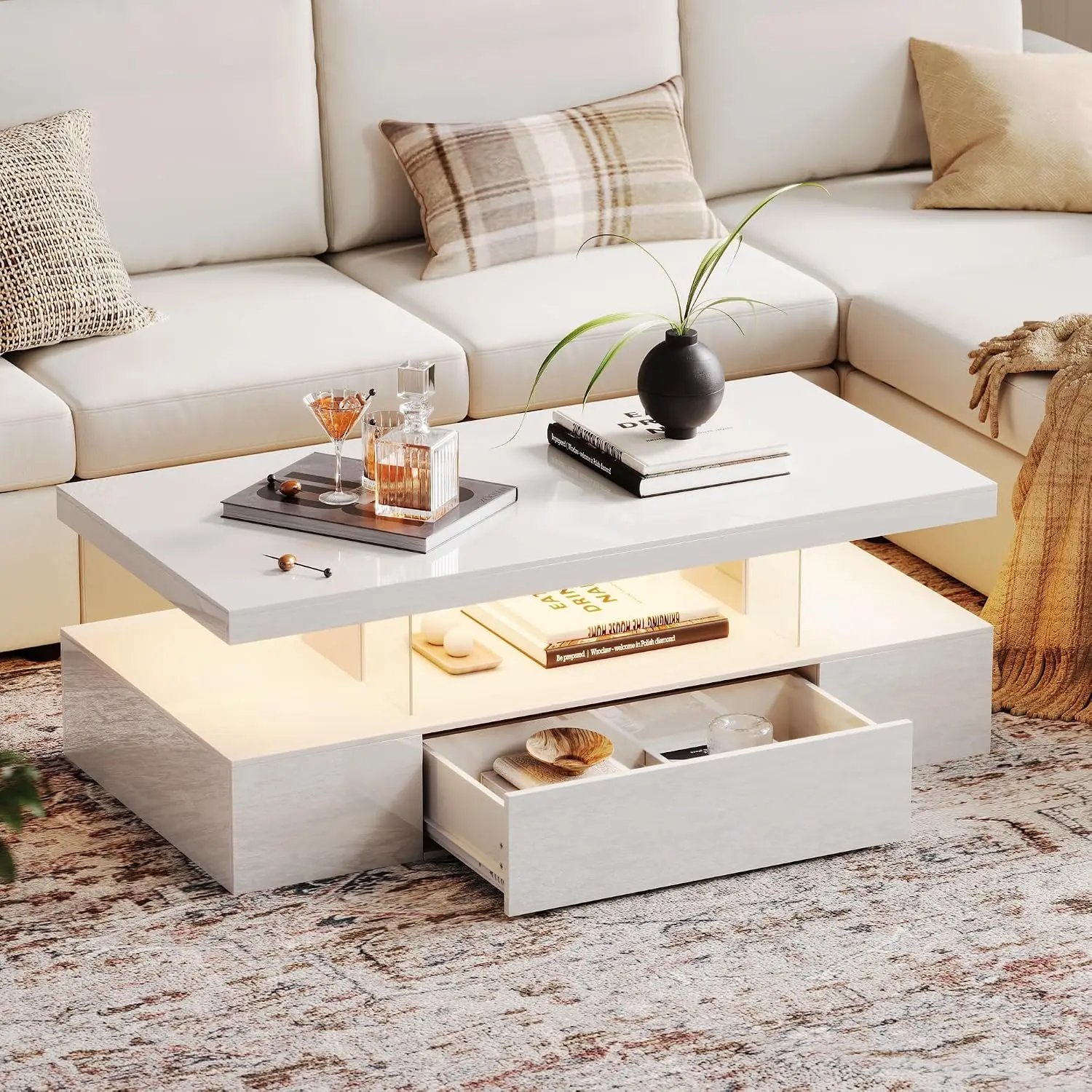 Modern LED Coffee Table High Glossy Rectangle with Drawer Storage for Living Room Bedroom White, Customized