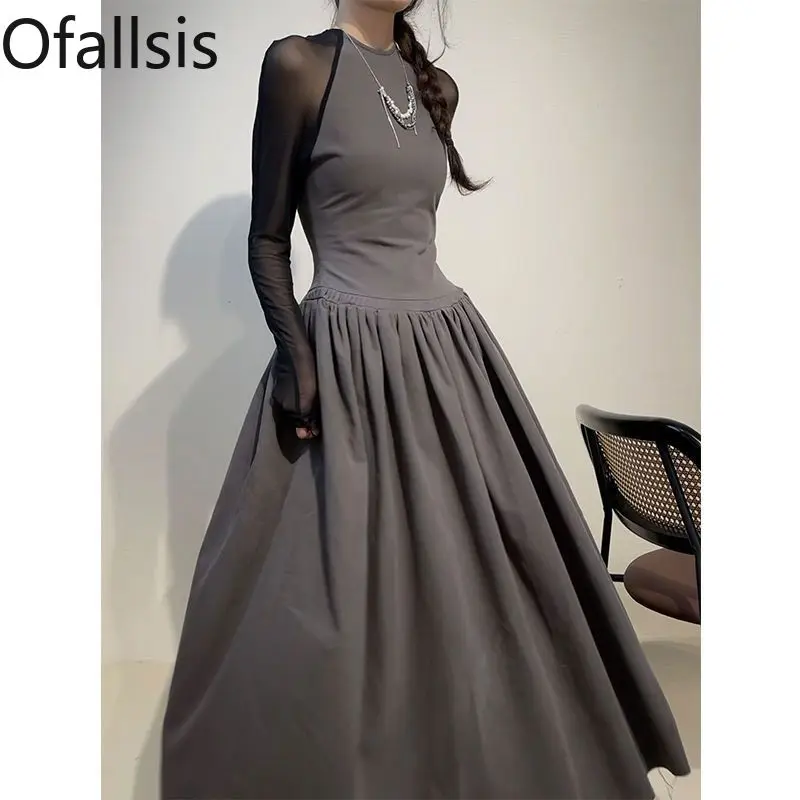 Ofallsis Chinese Style Color Contrast A line Dress 2024 Spring New Gentle Style O neck Long Sleeve Sunscreen Fairy Long Dresses