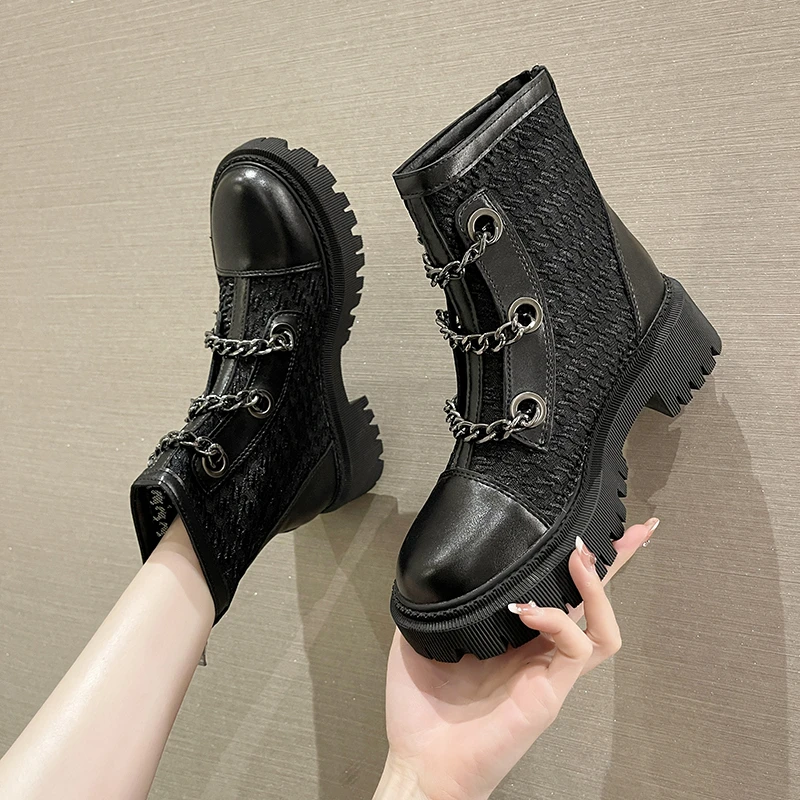 Luxury New Women Boots Fashion Platform Boots Pearl Chain Casual Women Boots Chunky Boots  Women Riding Boots