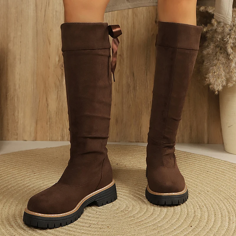 Women's Faux Suede Brown Knee High Boots 2026 Autumn Chunky Platform Thick Sole Long Boots Woman Back Silk Bowtie Western Botas