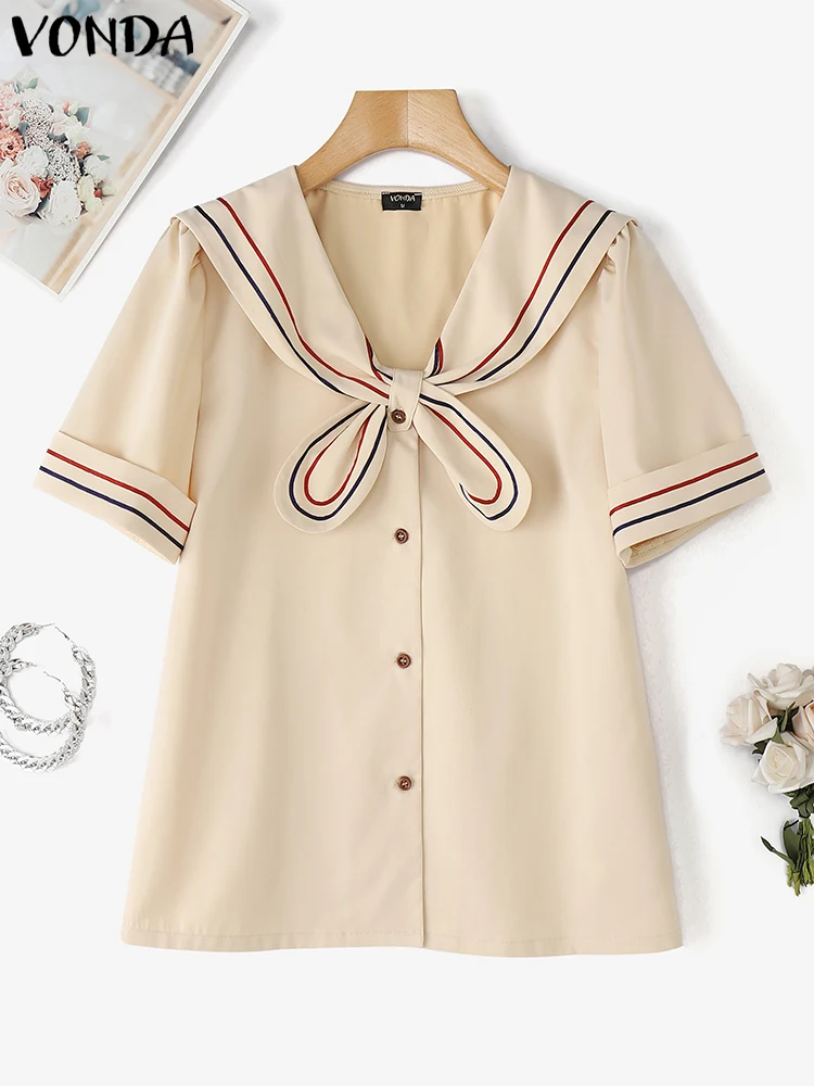 VONDA Casual Tops Women Shirt Sallor Collar Short Sleeve Summer Blusas Streetwear Patchwork Oversize Bow Tee S-3XL Tunic