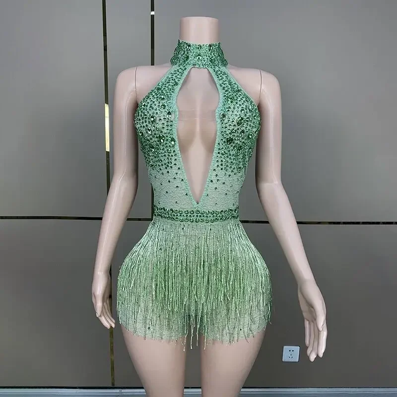 Flashing Rhinestones Tassels Green Sexy Halter Backless Sheath Bodysuit Party Celebrate Costume Dancer Prom Nightclub Stage Wear