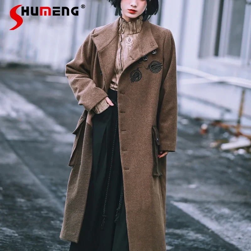 

Color Matching Woolen Coat Women's Autumn And Winter Long Embroidered Turtleneck Retro Loose Woolen Jacket Top Outerwear Female