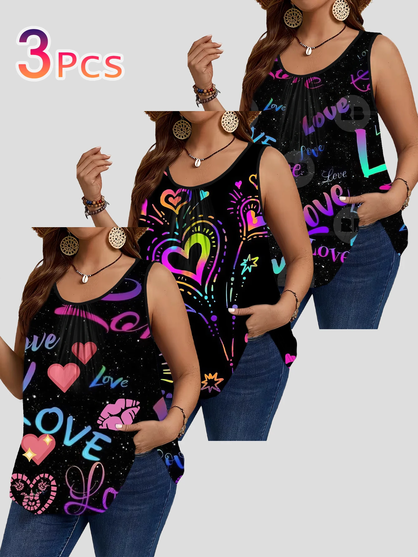 Sleeveless Undershirt - 3-teiliges Set aus großen, farbenfrohen Westen