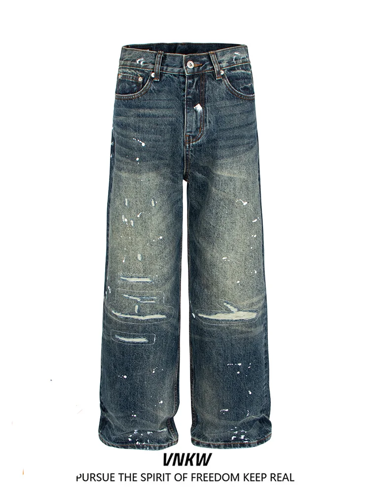 

Retro American Splaed Ink Hole Straight Leg Jeans Loose Wide Leg Men Women Commute Design Sensation Long Pants Casual Sle