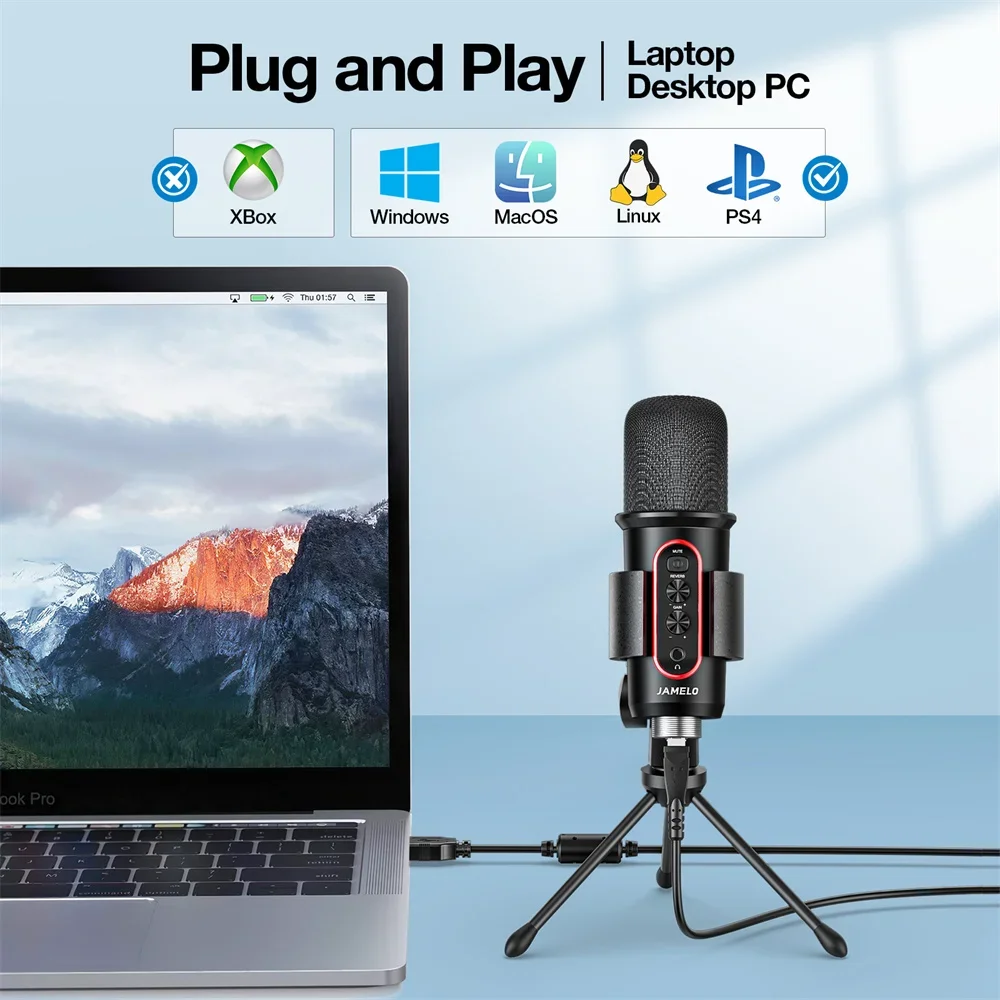 ميكروفون Jamelo Usb مع مراقبة سماعة الرأس وكتم الصوت، ميكروفون مكثف للتشغيل لأجهزة الكمبيوتر الشخصية، Ps5، والبث، والبودكاست، والتسجيل
