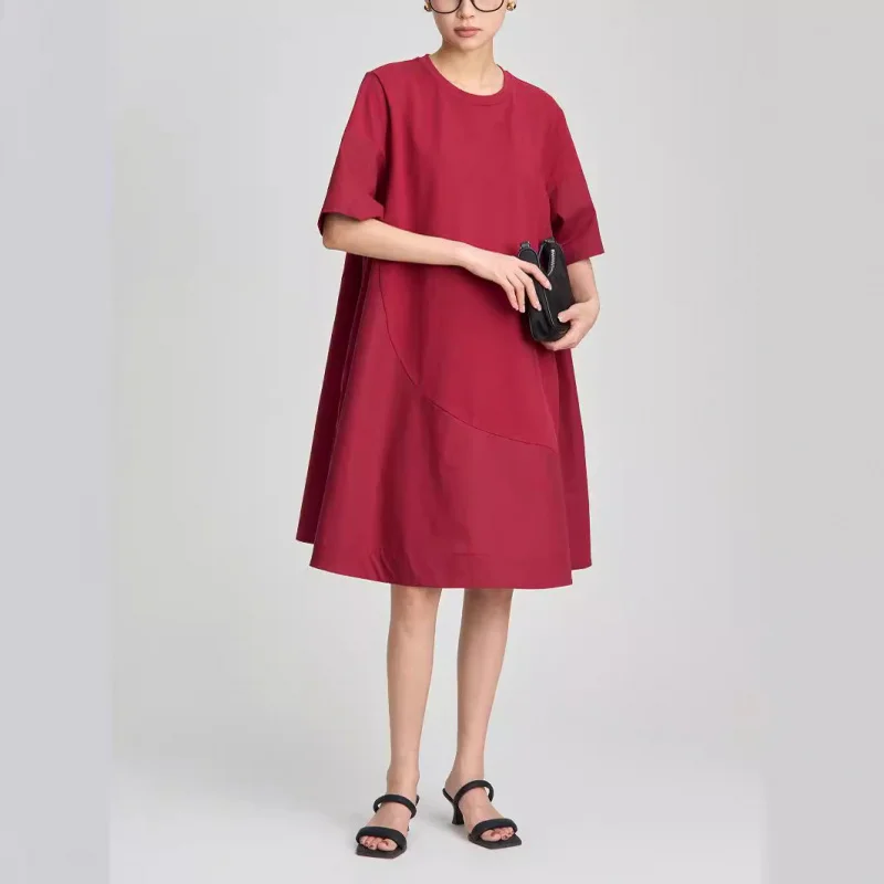Casual Profile Stitching A- line Short Sleeve 2024 Summer round Neck Drape Slimming Mid-Length Dress