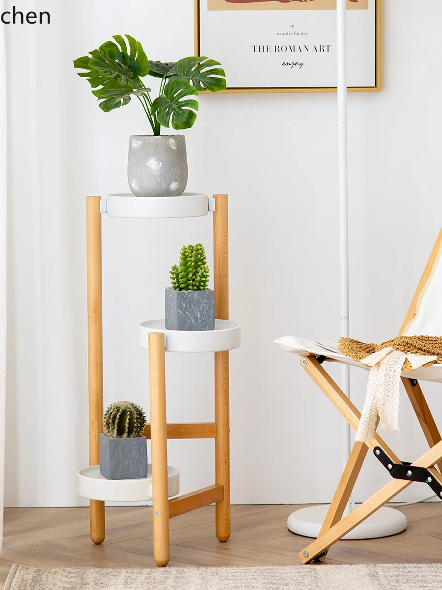 HT Nordic solid wood flower stand, living room floor rack, balcony interior bracket, simple decoration, tripod in corner