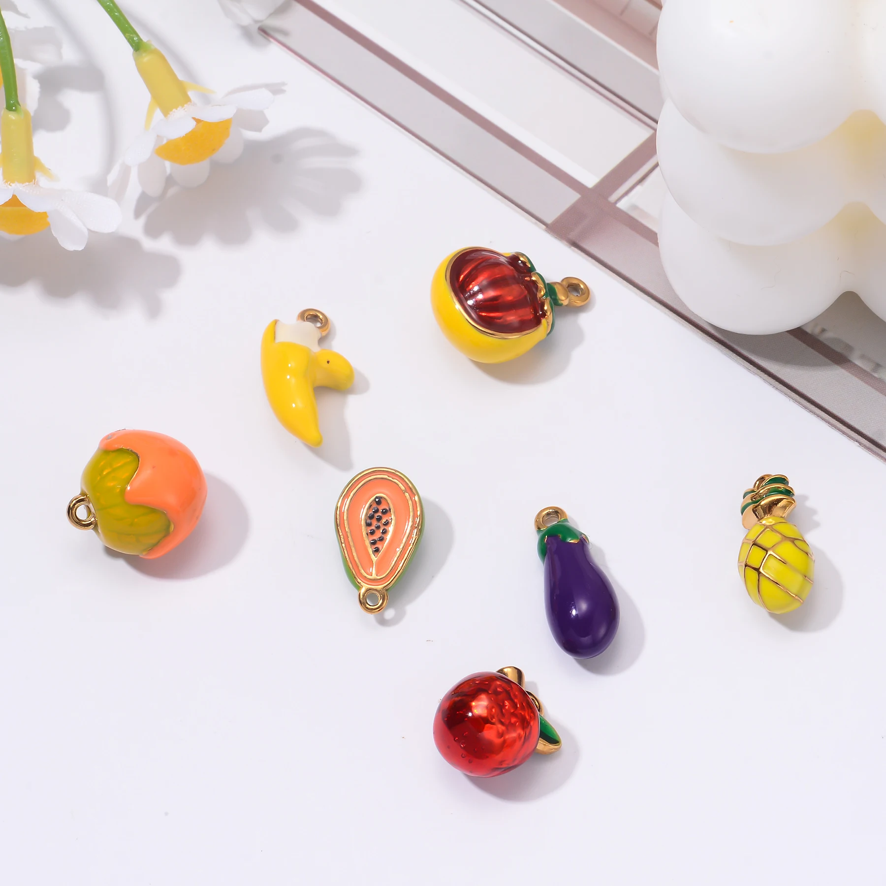 

10Pcs Wholesale Fruit Accessories Cute Papaya Apple Banana Pineapple Colorful Enamel Pendant for Handmade DIY Jewelry
