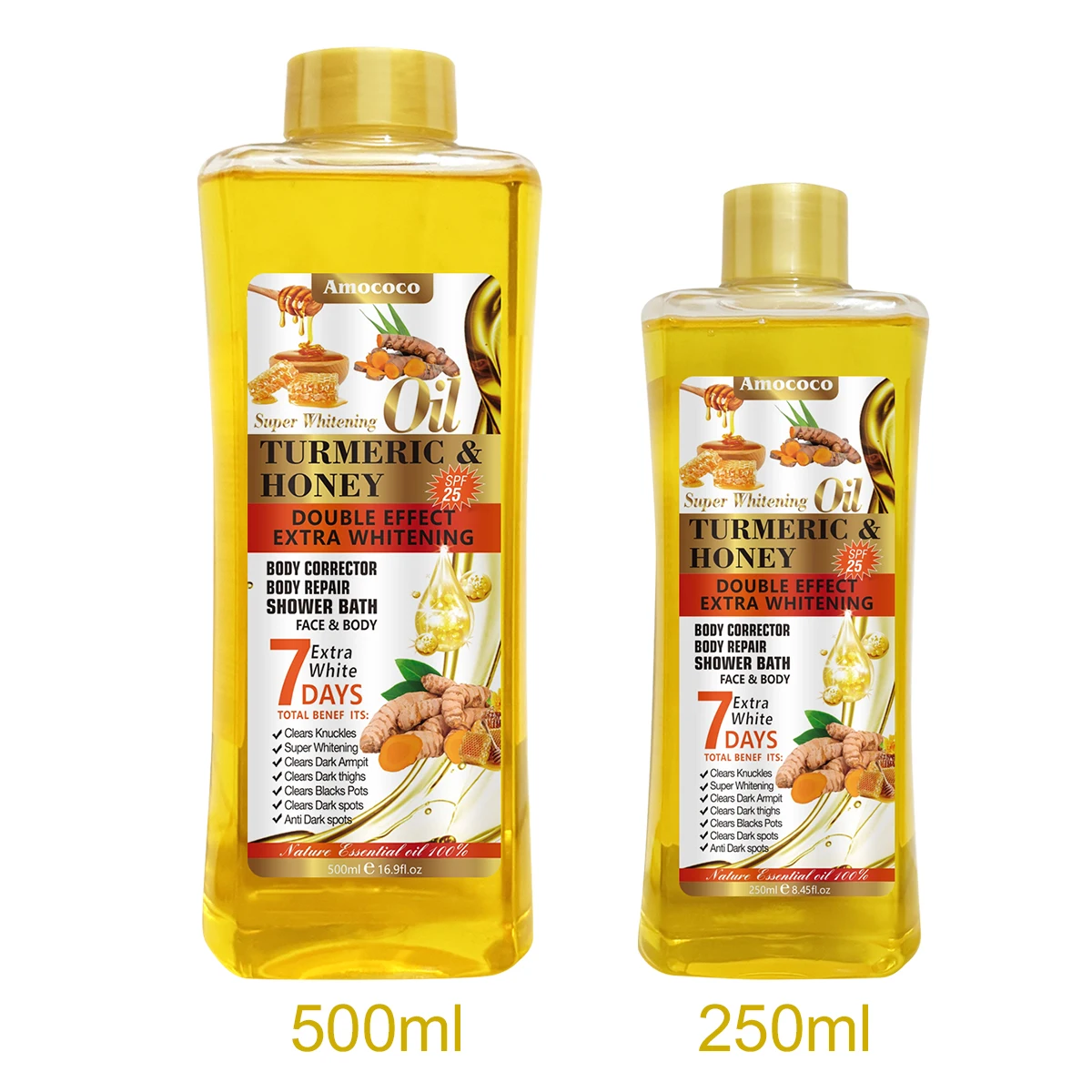 Amococo 2Pcs Turmeric Honey Body Oil Moisturizing Face Oil 200/500ml with Jojoba Oil Sweet Almond Oil Vitamin E Hydrating Skincare Oil for Body Care