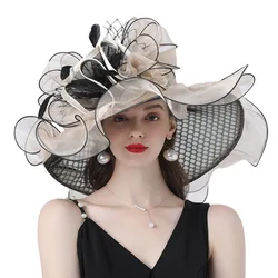 Big Brim Fedora Hats for Women Organza White Sun Hats Flower Ladies Wedding Party Kentucky Derby Wide Church Fedoras