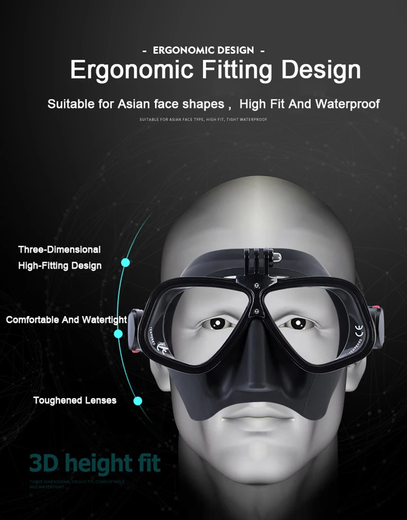 Low-Capacity Aluminum Alloy Freediving Mask With Camera Mount - Anti-Fog Glasses Snorkel Set For Diving, Snorkeling,Spearfishing