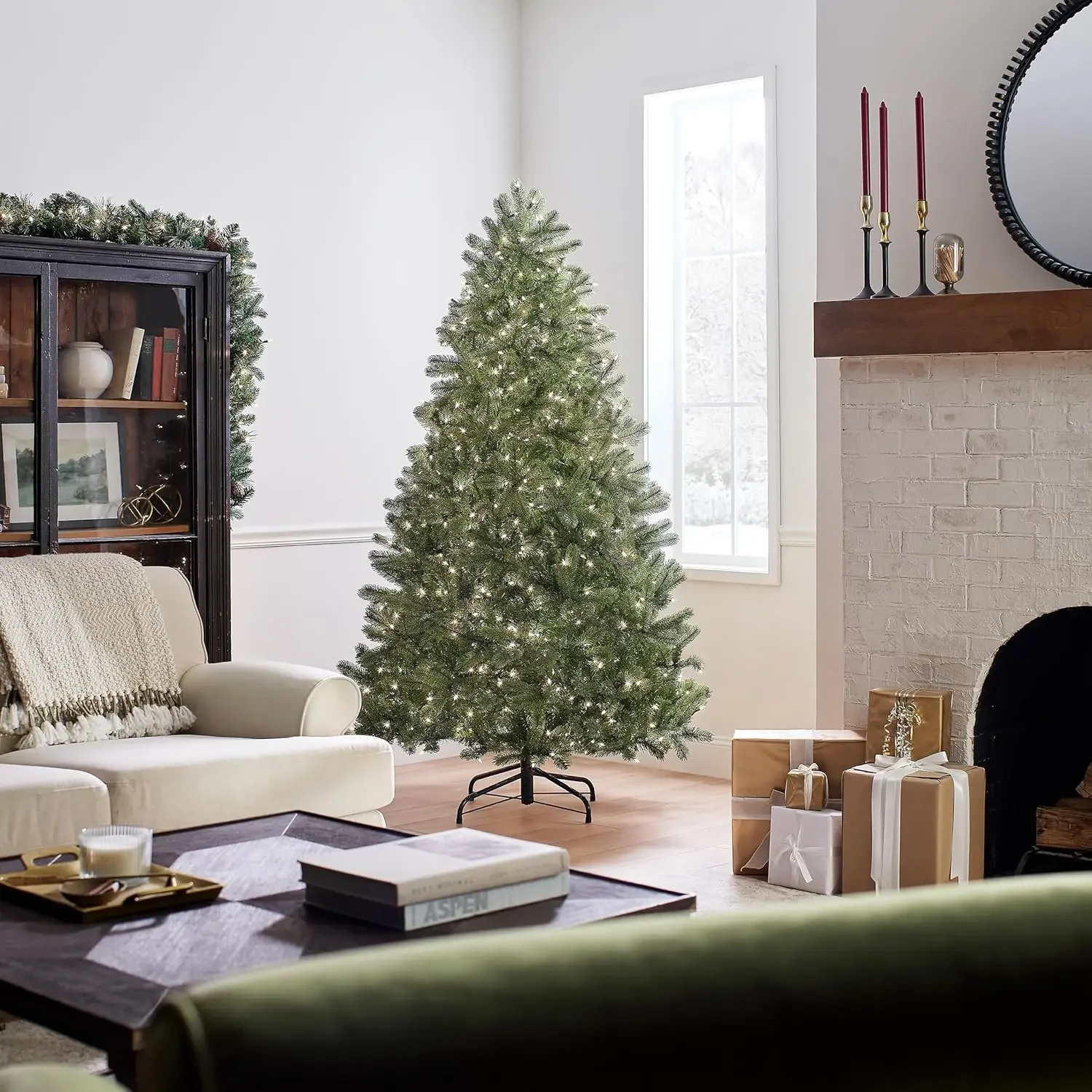 

Pre-Lit 'Feel Real' Artificial Full Downswept Christmas Tree, Green, Douglas Fir, White Lights, Includes Stand, 6.5 feet