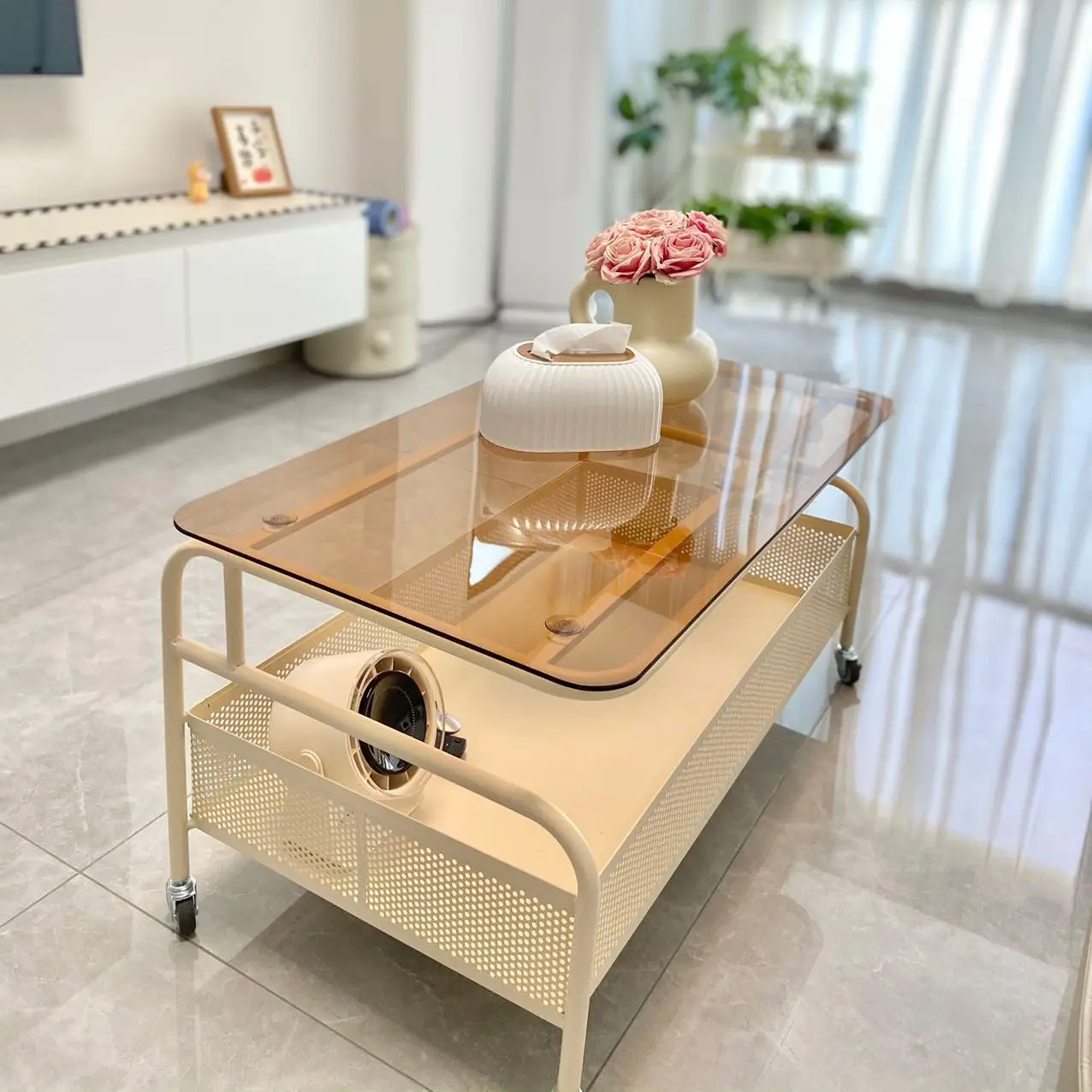 Cream Wind, Glass, Coffee Table, Rectangle, Side Table, Small Apartment, Living Room, Household, Removable, Simple, Table
