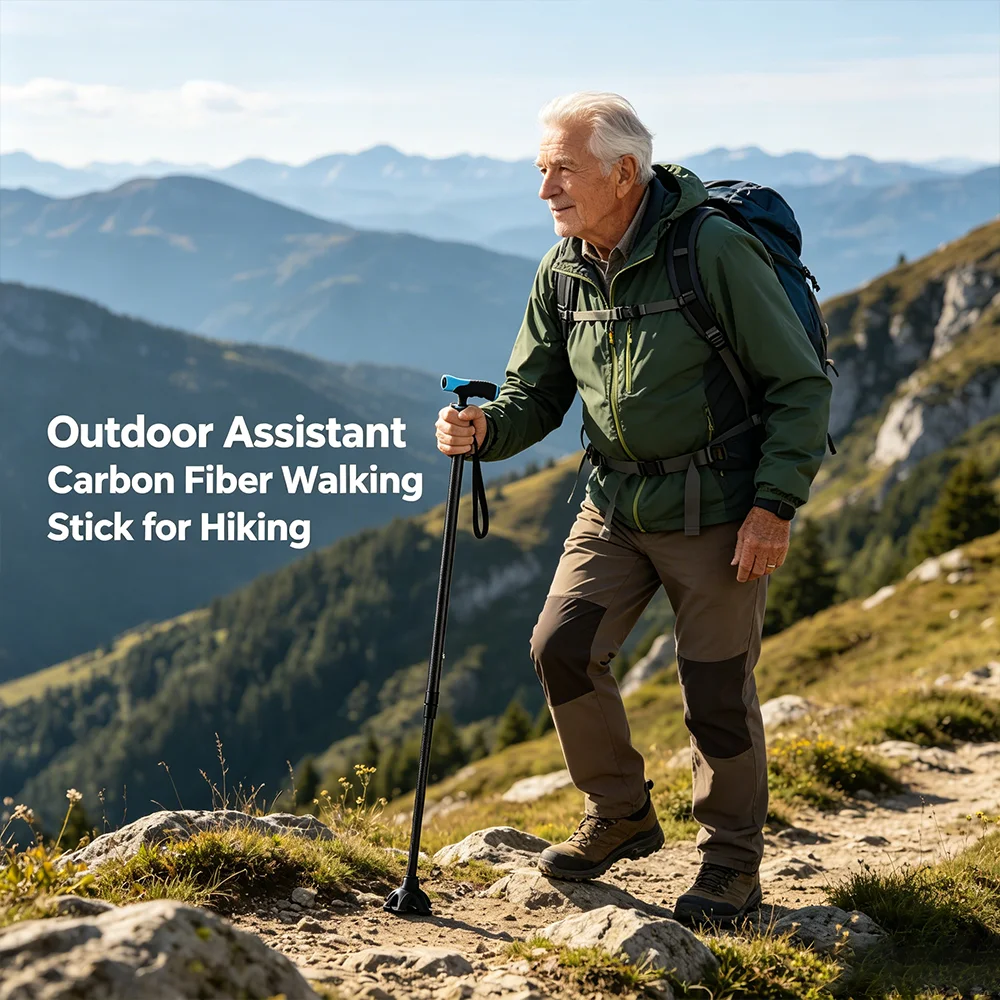 Carbon Fiber Walking Cane for Seniors Quad Base 4 Point Non Slip Self Standing Ultralight Adjustable Walking Stick for Elderly