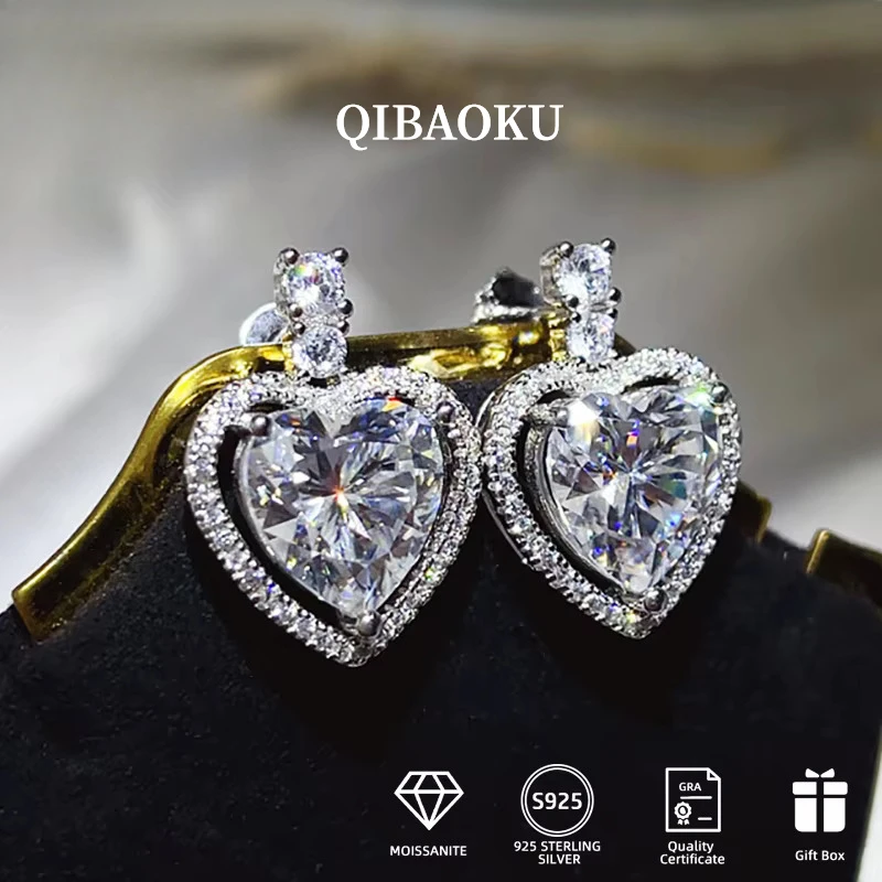 QIBAOKU 10CT Moissanite Heart Shape Earrings S925 Silver for Women D Color Diamond Ear Stud Wedding Bride Gifts Jewelry GRA 2026