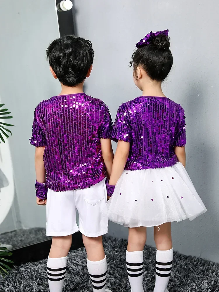 Kinderen Streetdance Wear Lovertjes Paarse Hiphop Jazz Kostuums Kleuterschool Jongens Meisjes Podiumpak Festivalkleding