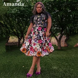 Amanda Princess Black A-line Prom Dress Sweet Square Collar فساتين السهرة Flower Lace Embroid Knee Lenght Vestidos De Noche