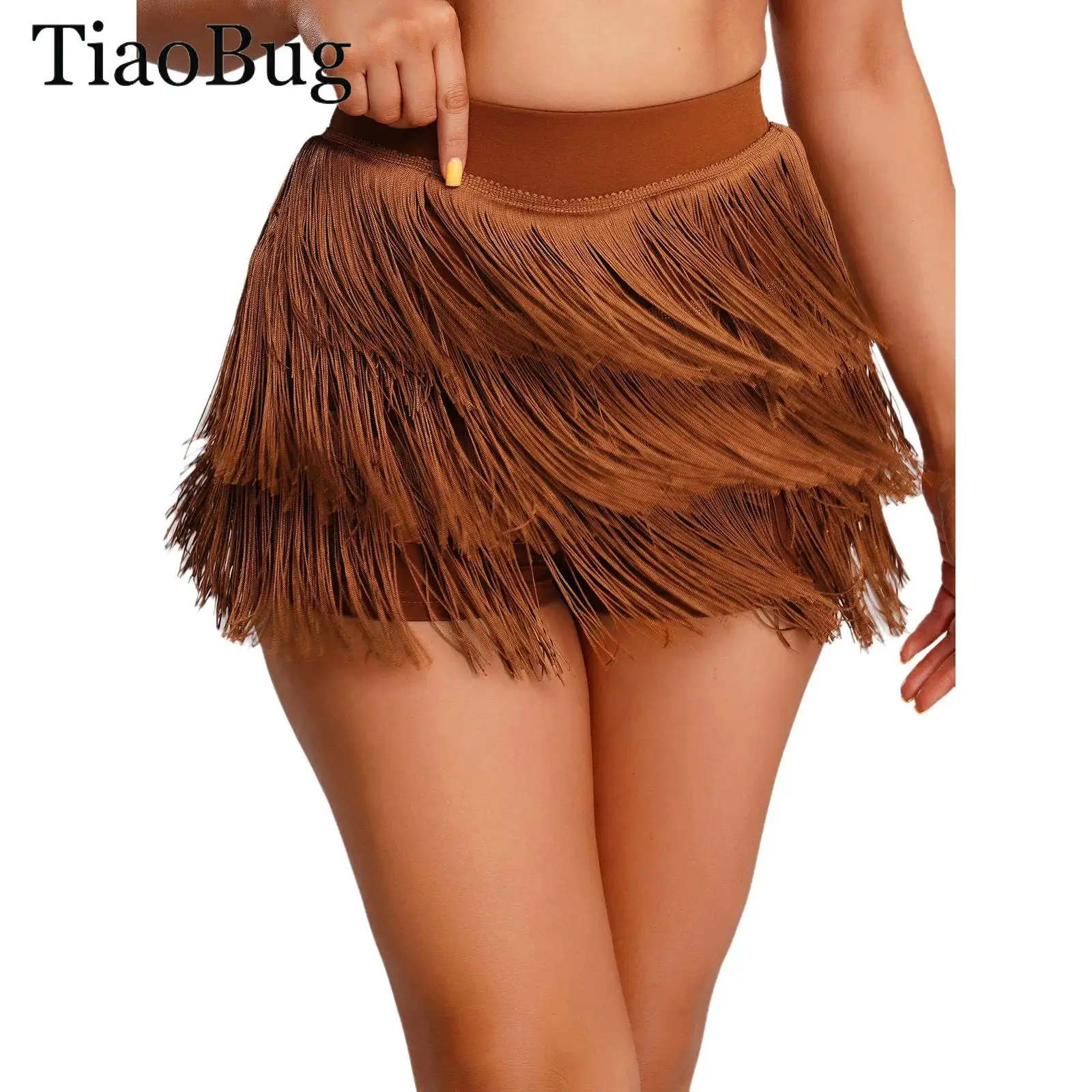 

Women Latin Dance Skirt Built-in Shorts Elastic High Waist Tiered Tassel Skirt Chacha Tango Samba Balls Fringe Dance Costumes