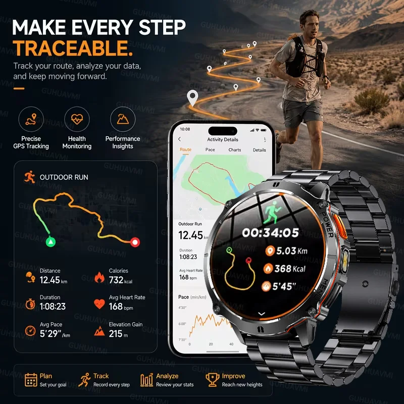 2026 New TANK T-RX6 Rugged Military Smartwatch Men GPS 1500mAh LED Flashlight 5ATM Waterproof Outdoor 100+Sports Fitness Tracker