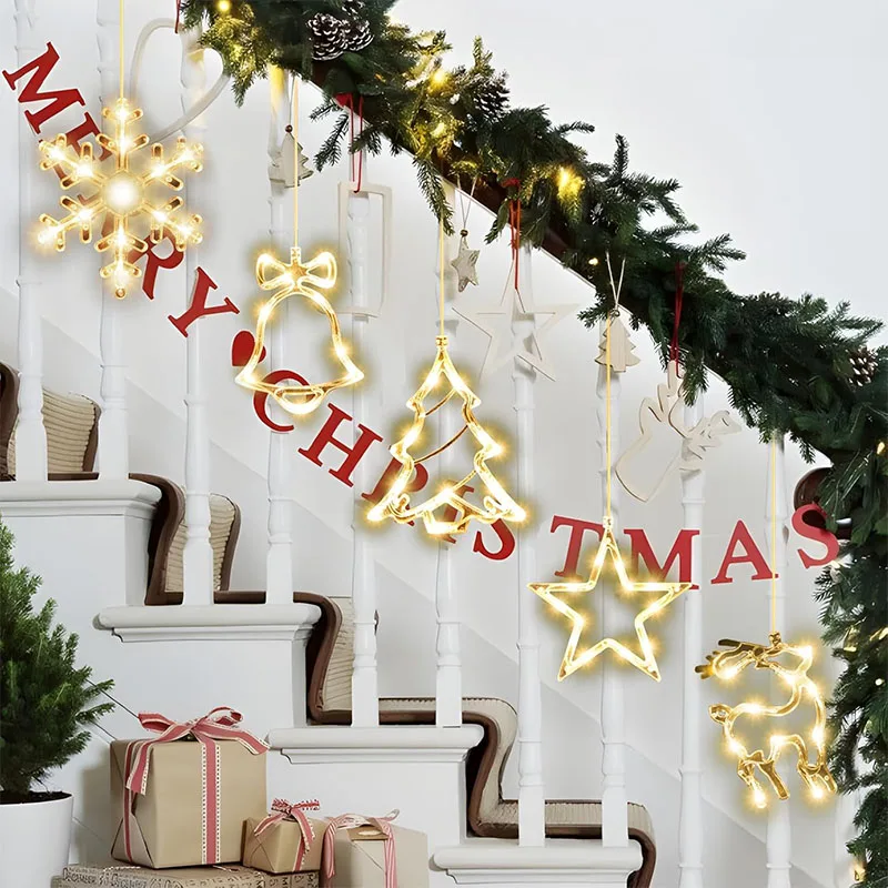 Christmas Window Decor Hanging Warm White Light Snowflake Tree Star Deer Shaped LED Sucker for Xmas Tree Fireplace Indoor Decor