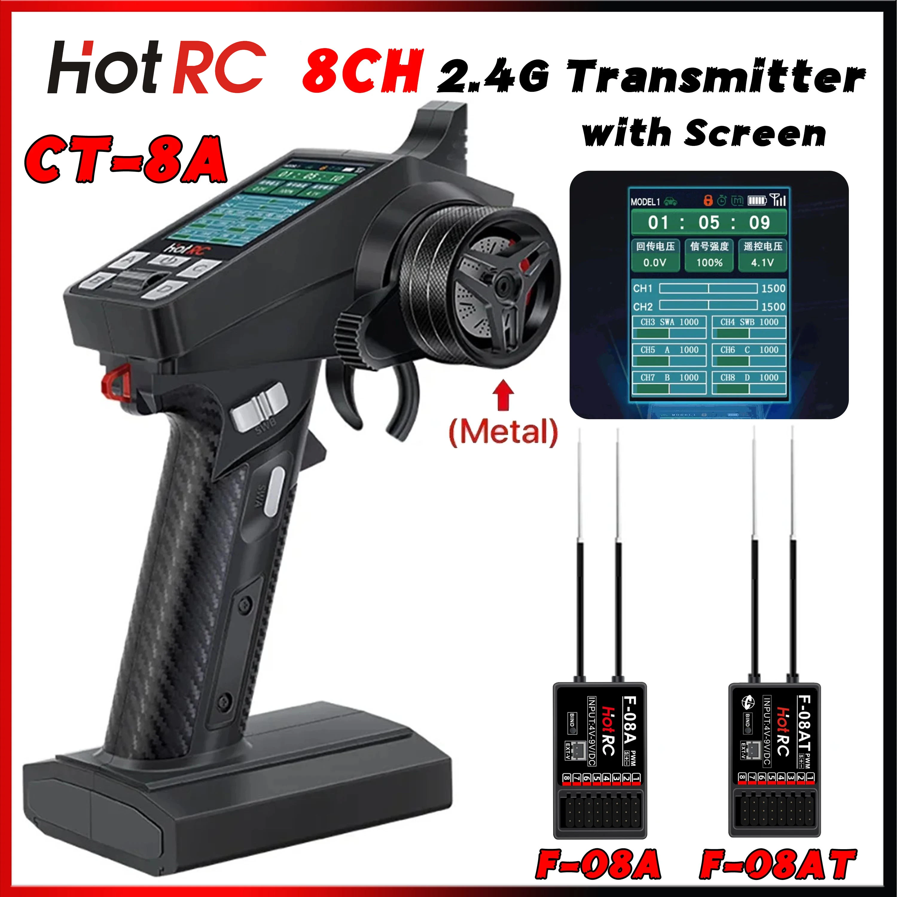 

HOTRC CT-8A 8CH 2.4G Transmitter Remote Control Radio System F-08A F-08AT 8Channel Receiver Gyro for RC Ship Model Car Boat Tank