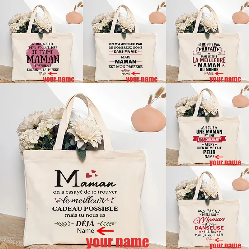 

Maman Personalized Name Tote Bag Organizer Large Capacity Reusable Shopping Bags Travel Storage Handbag Custom Gift for Mother