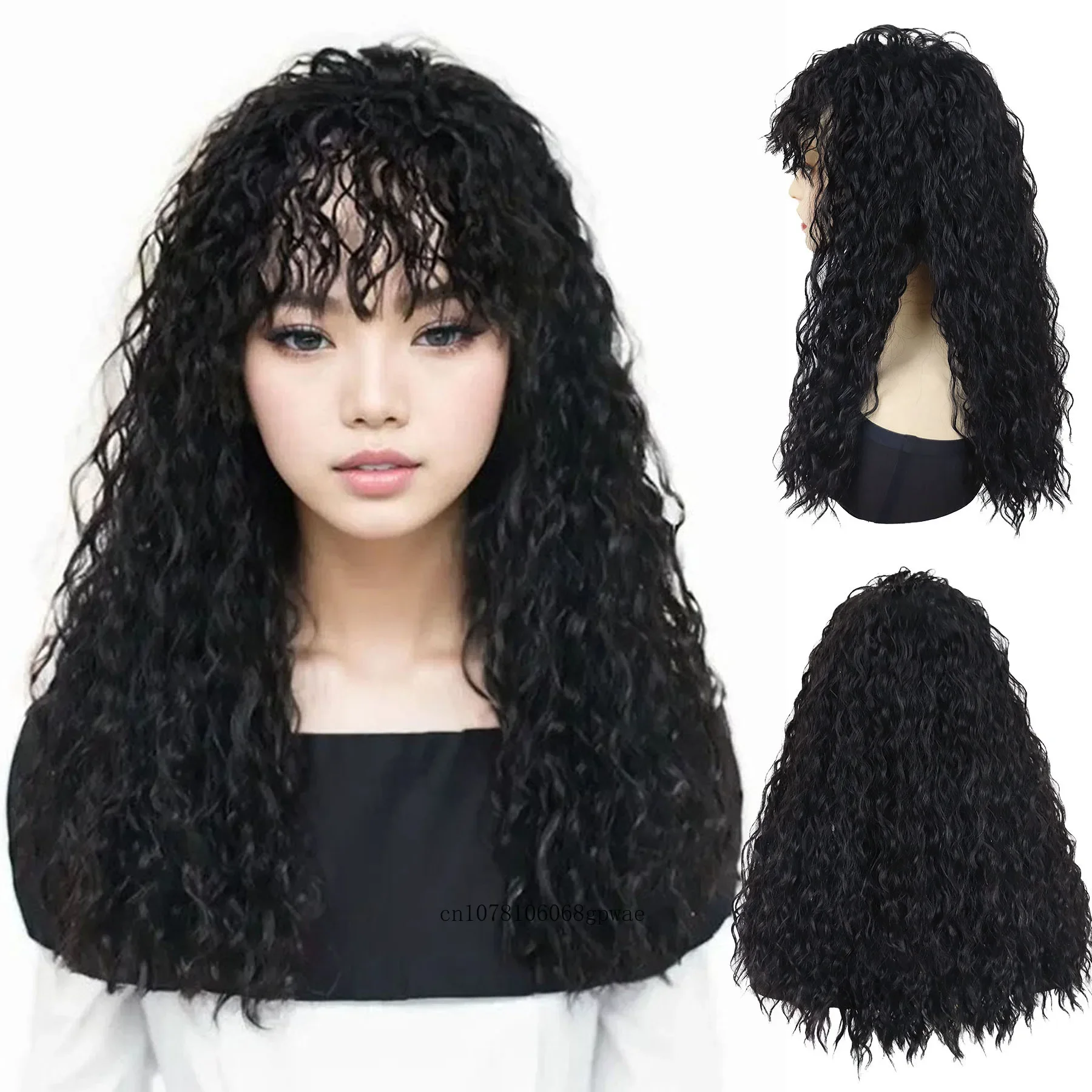 

Черные парики Синтетический длинный волнистый вьющийся парик с челкой для женщин Пушистая прическа Повседневный костюм на Хэллоуин Натуральные искусственные волосы