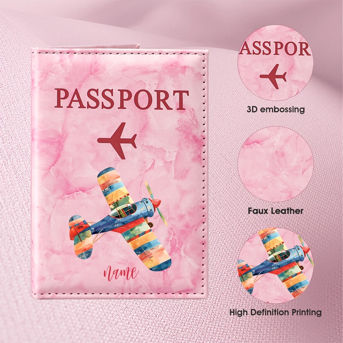 

Custom Name Watercolor Airplane Pattern PU Passport Holder, Featuring Colorful Stripes and Vintage Aircraft Illustrations